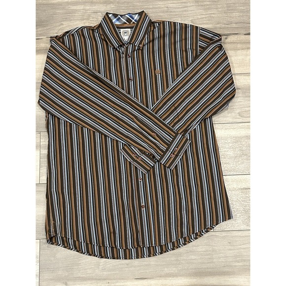 Cinch Men's Medium Long Sleeve Button Dress Shirt Brown Blue Stripe 100% Cotton - Picture 2 of 4